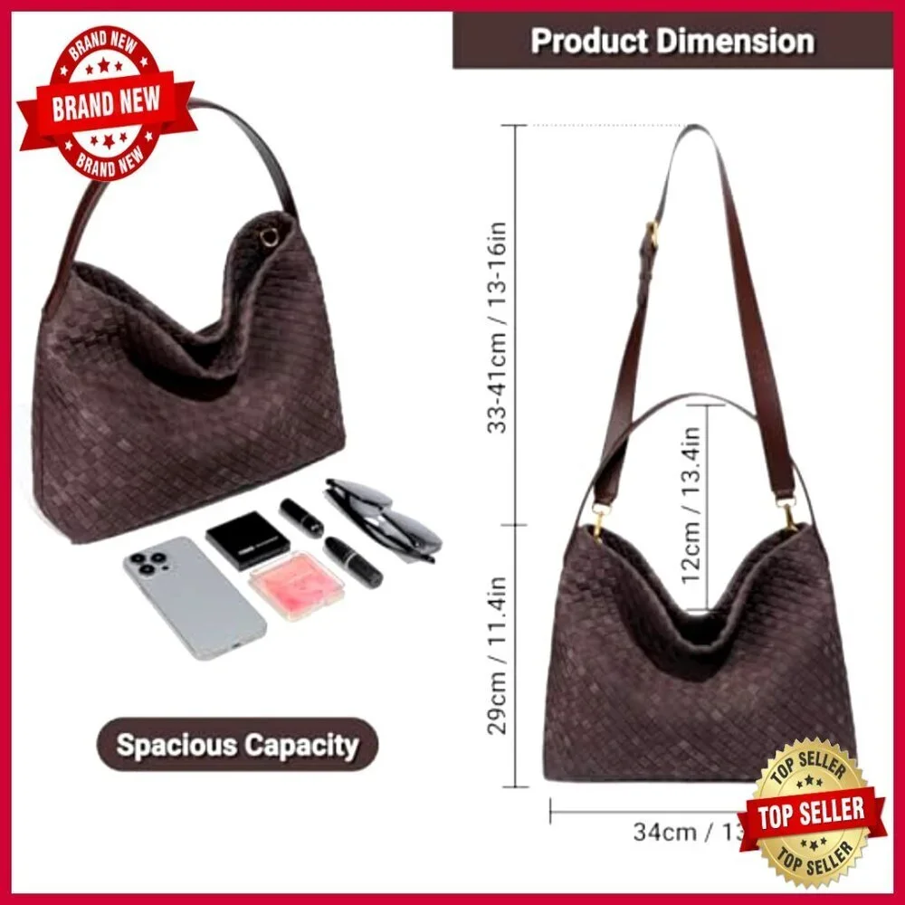 Woven Suede Hobo Bag with Detachable Crossbody Strap for Work Travel